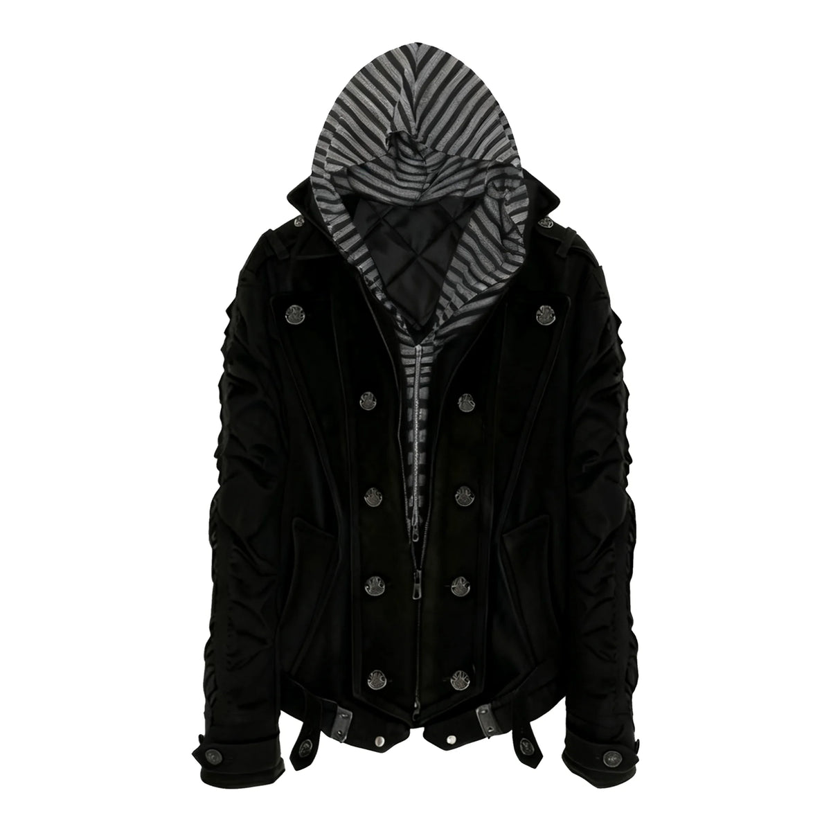 Striped Detachable Hood Double Breasted Fur Texture Jacket