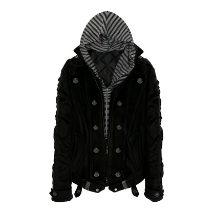 Striped Detachable Hood Double Breasted Fur Texture Jacket