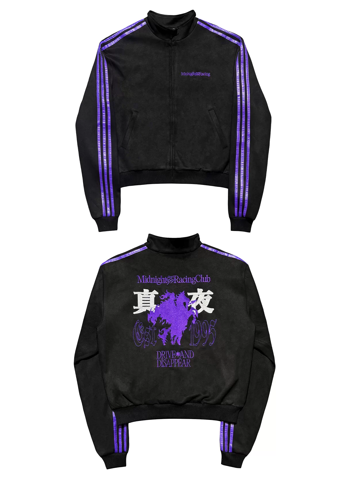 RYE CHASINのクロップドレーシングジャケット。ブラックにパープルの袖ラインと「真夜」の背面刺繍が映えるデザイン。立ち襟と短めの丈が特徴。SELFISH公式オンラインストア。