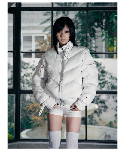 Glossy Fur Trim Hood Cropped Padded Jacket