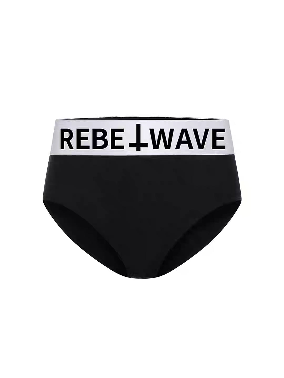 REBEL WAVEのレディースショーツ。ブラックのボディにコントラストの効いたロゴウエストバンドを組み合わせ、モダール・コットン混のストレッチ素材を使用。S・M・L展開。SELFISH公式オンラインストア。