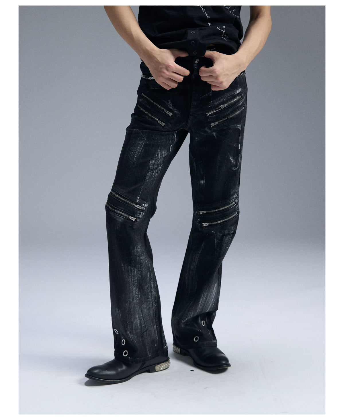 Multi Zip Eyelet Washed Black Flared Jeans