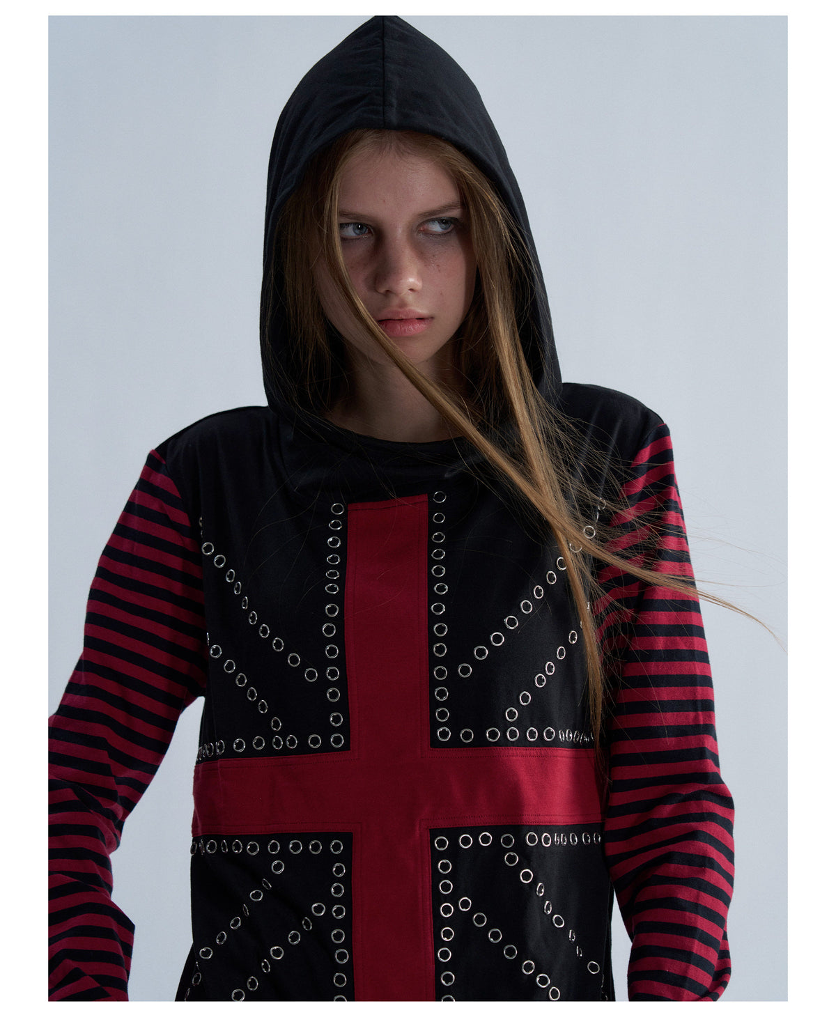 Rhinestone Cross Striped Sleeve Hooded Long Sleeve Top
