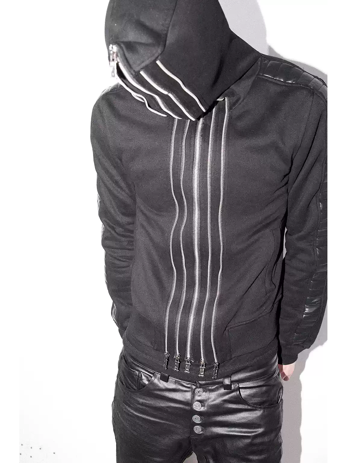 Multi Zip Faux Leather Panel Fitted Hoodie