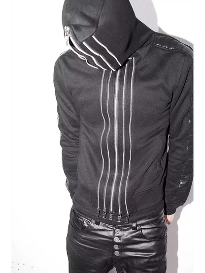 Multi Zip Faux Leather Panel Fitted Hoodie