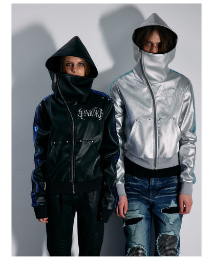 Embroidered Contrast Stripe Hooded Faux Leather Jacket