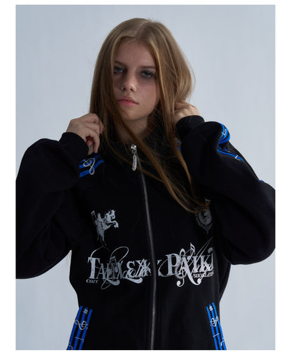 Blue Stripe Music Note Embroidered Zip Hoodie & Wide Pants