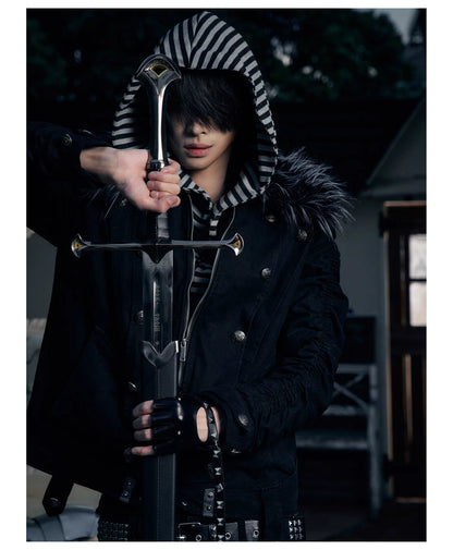 Striped Detachable Hood Double Breasted Fur Texture Jacket