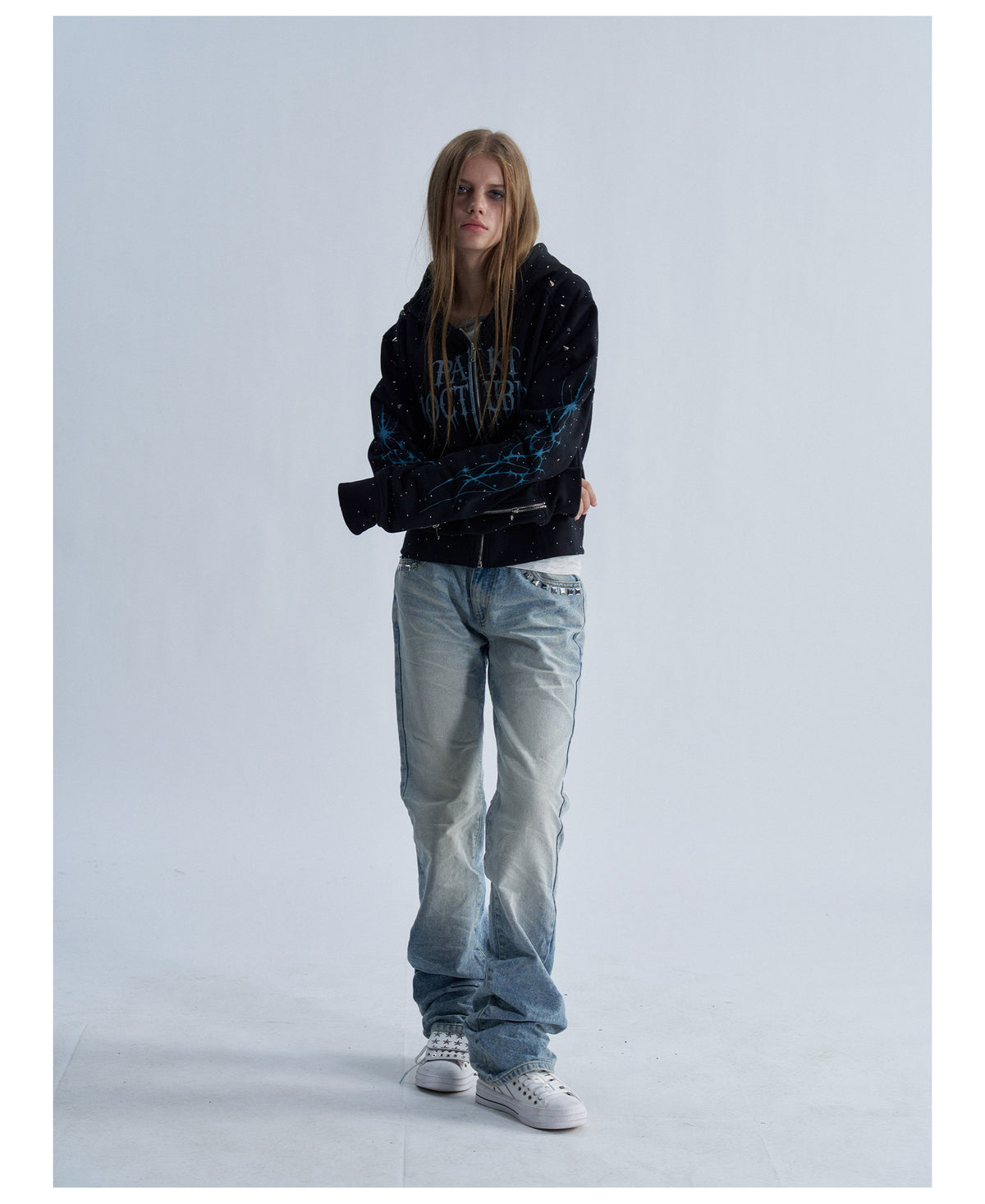 Rhinestone Graphic Cropped Zip Hoodie
