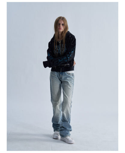 Rhinestone Graphic Cropped Zip Hoodie