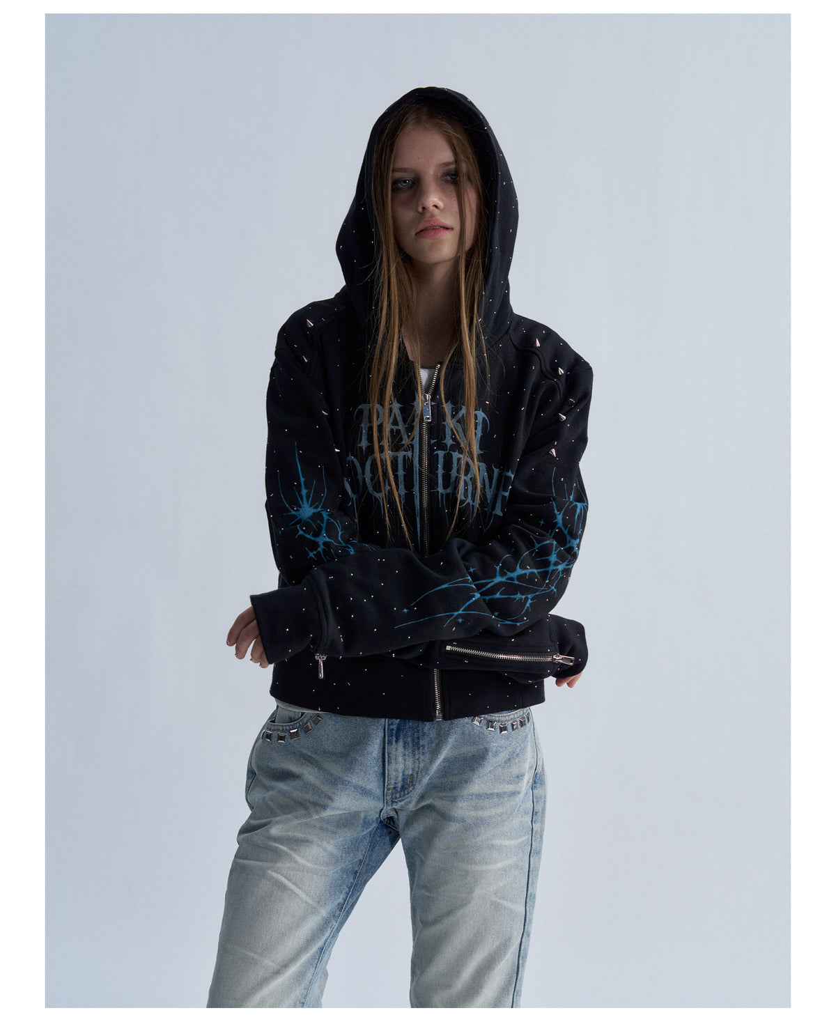 Rhinestone Graphic Cropped Zip Hoodie