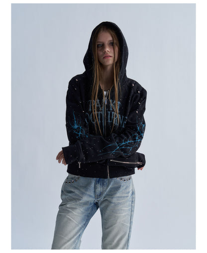 Rhinestone Graphic Cropped Zip Hoodie