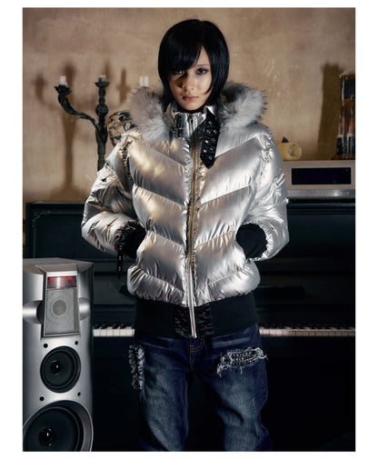 Glossy Fur Trim Hood Cropped Padded Jacket