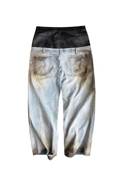 Double-Waist PU Panel Distressed Jeans