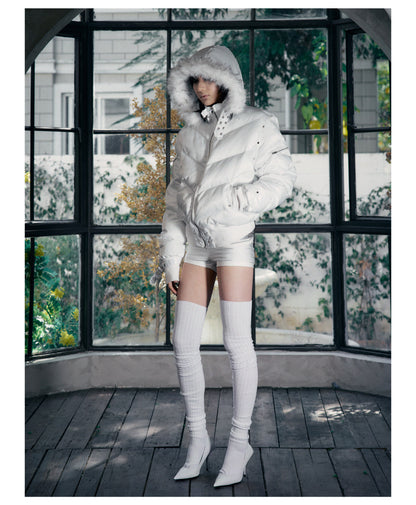 Glossy Fur Trim Hood Cropped Padded Jacket