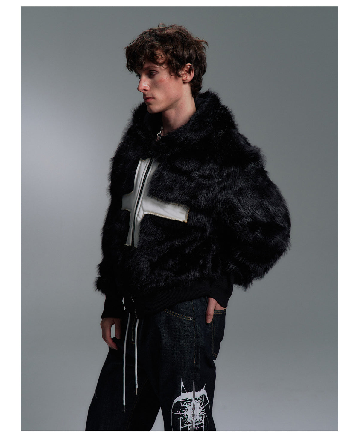 Cross Applique Studded Hood Reversible Faux Fur Jacket