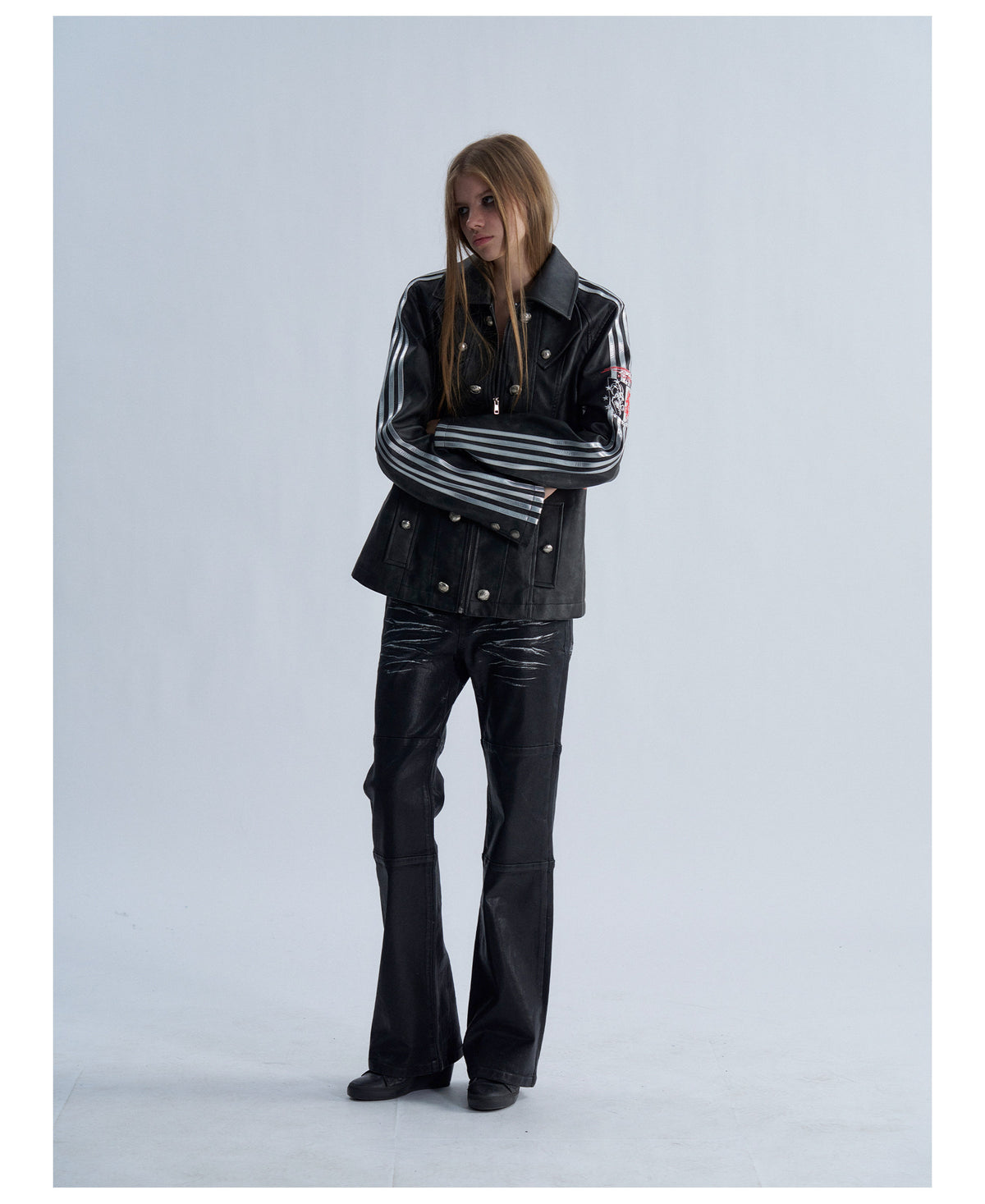 Embroidered Sleeve Stripe Snap Front Faux Leather Jacket