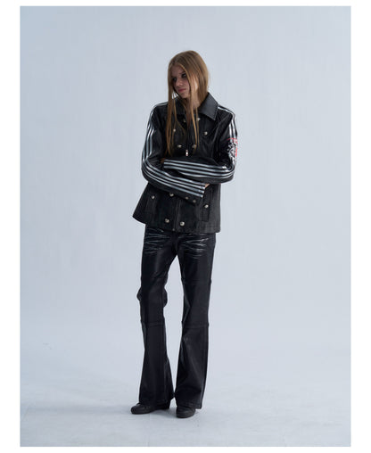 Embroidered Sleeve Stripe Snap Front Faux Leather Jacket