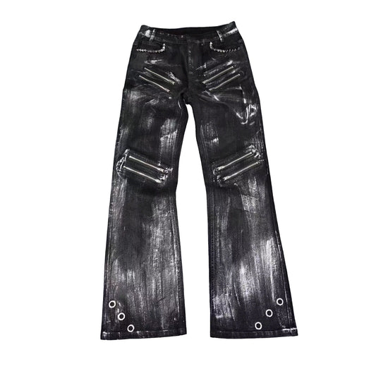 Multi Zip Eyelet Washed Black Flared Jeans