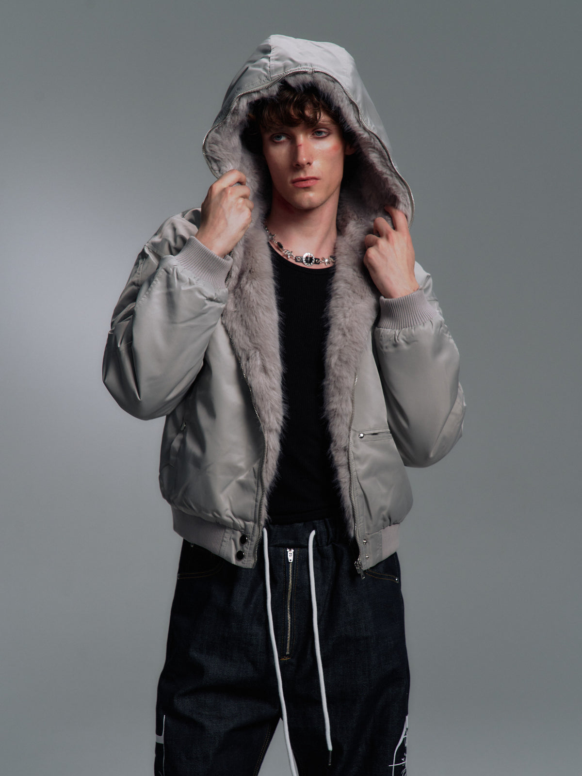 Fur Trim Hood Nylon Bomber Jacket