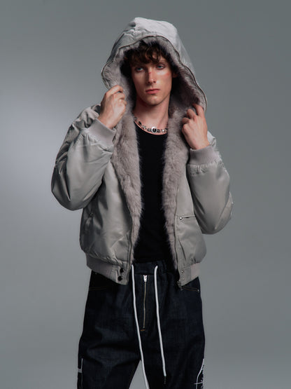 Fur Trim Hood Nylon Bomber Jacket