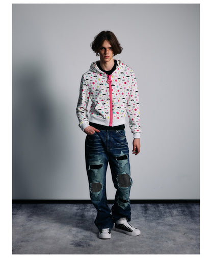 All Over Graphic Print Cropped Zip Hoodie