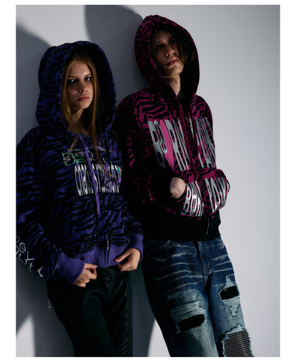 Pink Tiger Stripe Graphic Cropped Zip Hoodie