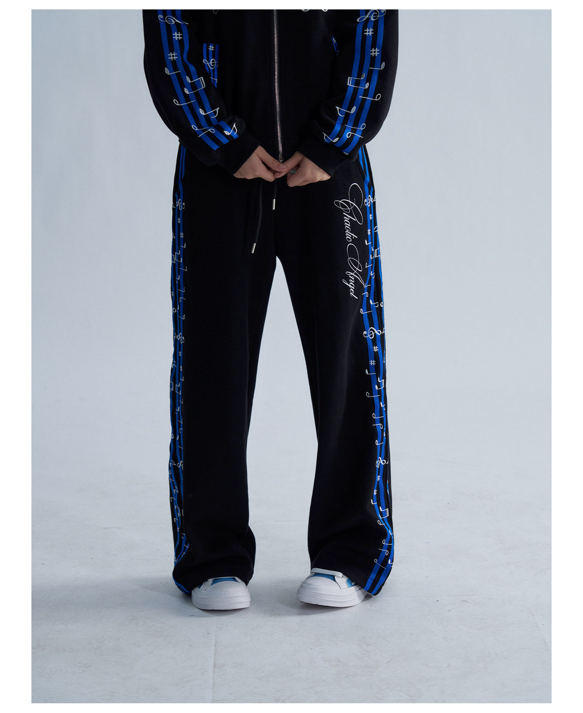 Blue Stripe Music Note Embroidered Zip Hoodie & Wide Pants