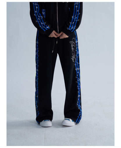 Blue Stripe Music Note Embroidered Zip Hoodie & Wide Pants