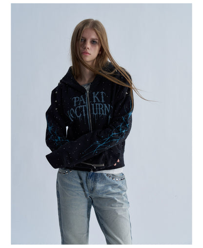 Rhinestone Graphic Cropped Zip Hoodie