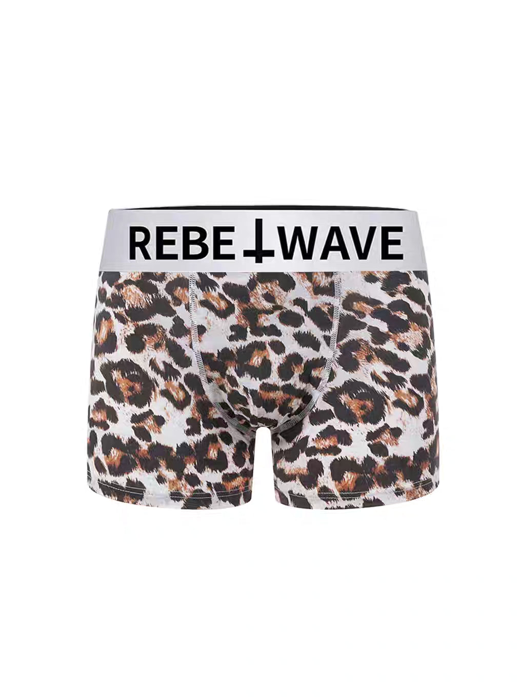 REBEL WAVEのレオパード柄ボクサーパンツ。コントラストの効いたロゴウエストバンドと、モダール・コットン混のやわらかなストレッチ素材が特徴。XS〜L展開。SELFISH公式オンラインストア。