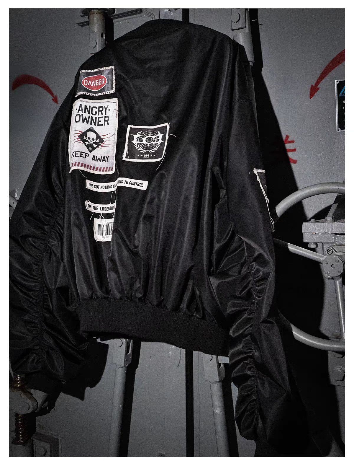 Warning Label Patch Oversized Padded Bomber Jacket