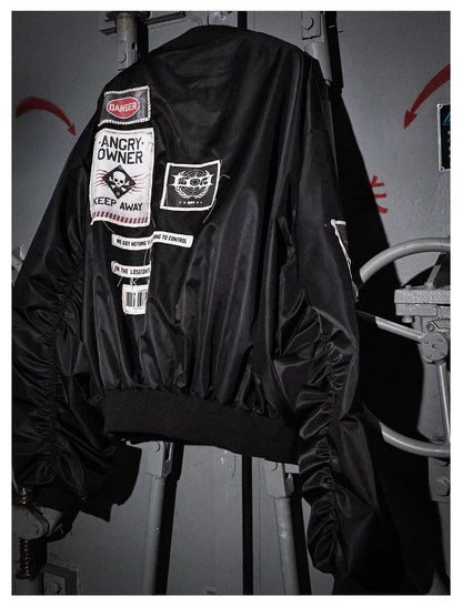 Warning Label Patch Oversized Padded Bomber Jacket