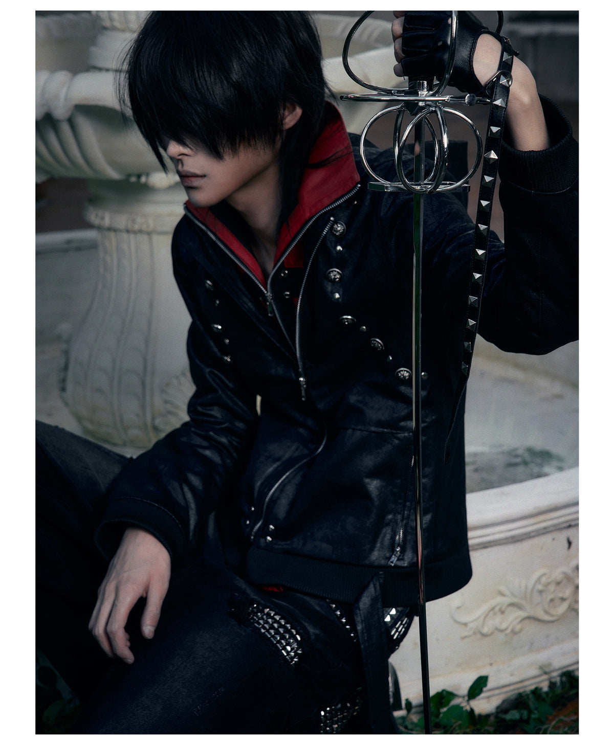 Red Contrast Strap Detail Padded Faux Leather Jacket