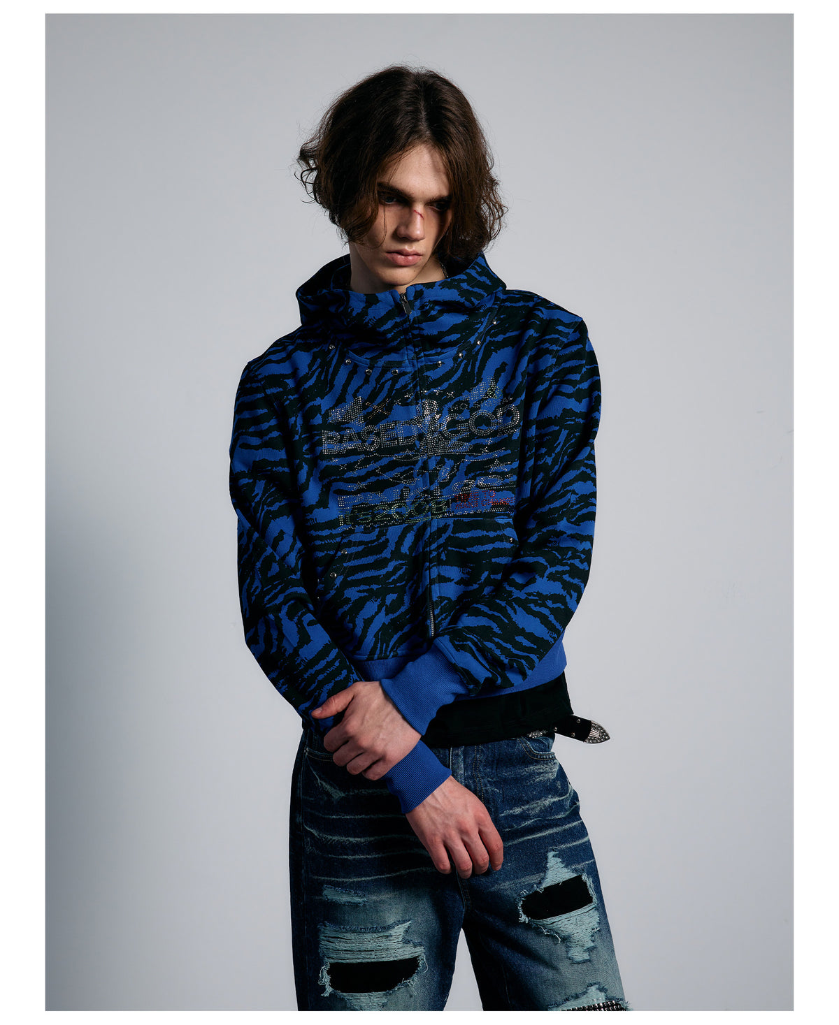 Blue Tiger Stripe Rhinestone Cropped Zip Hoodie