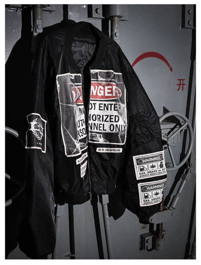 Warning Label Patch Oversized Padded Bomber Jacket