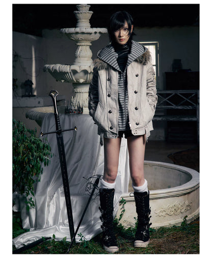 Striped Detachable Hood Double Breasted Fur Texture Jacket