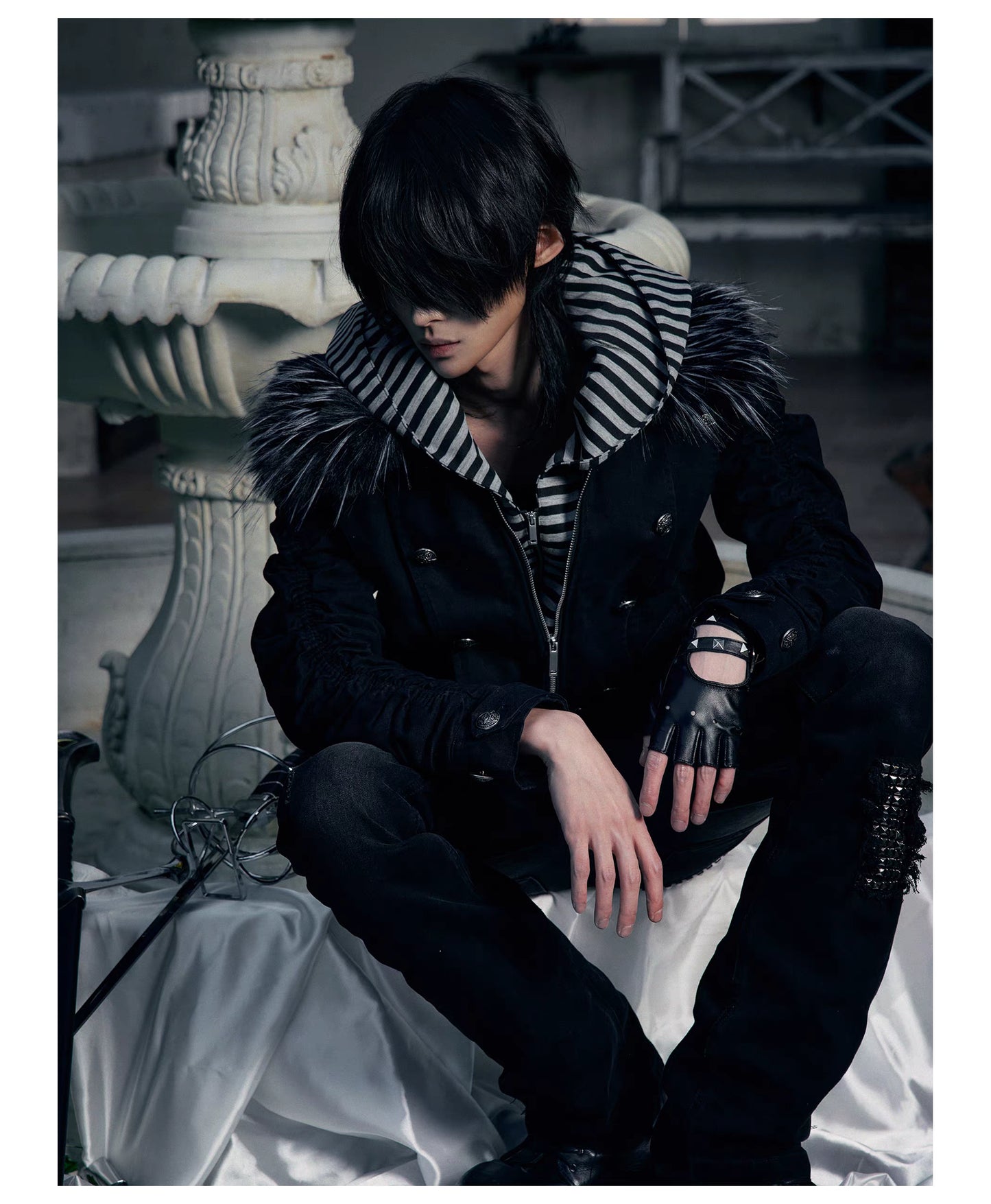 Striped Detachable Hood Double Breasted Fur Texture Jacket
