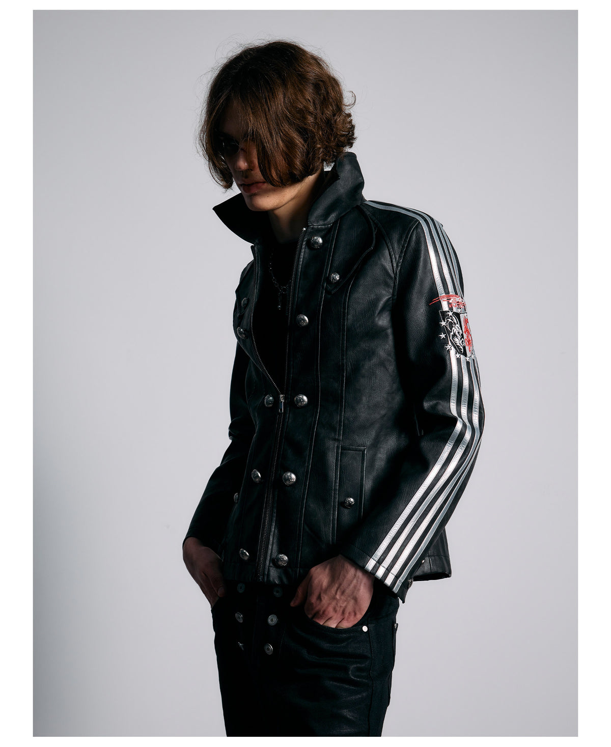 Embroidered Sleeve Stripe Snap Front Faux Leather Jacket
