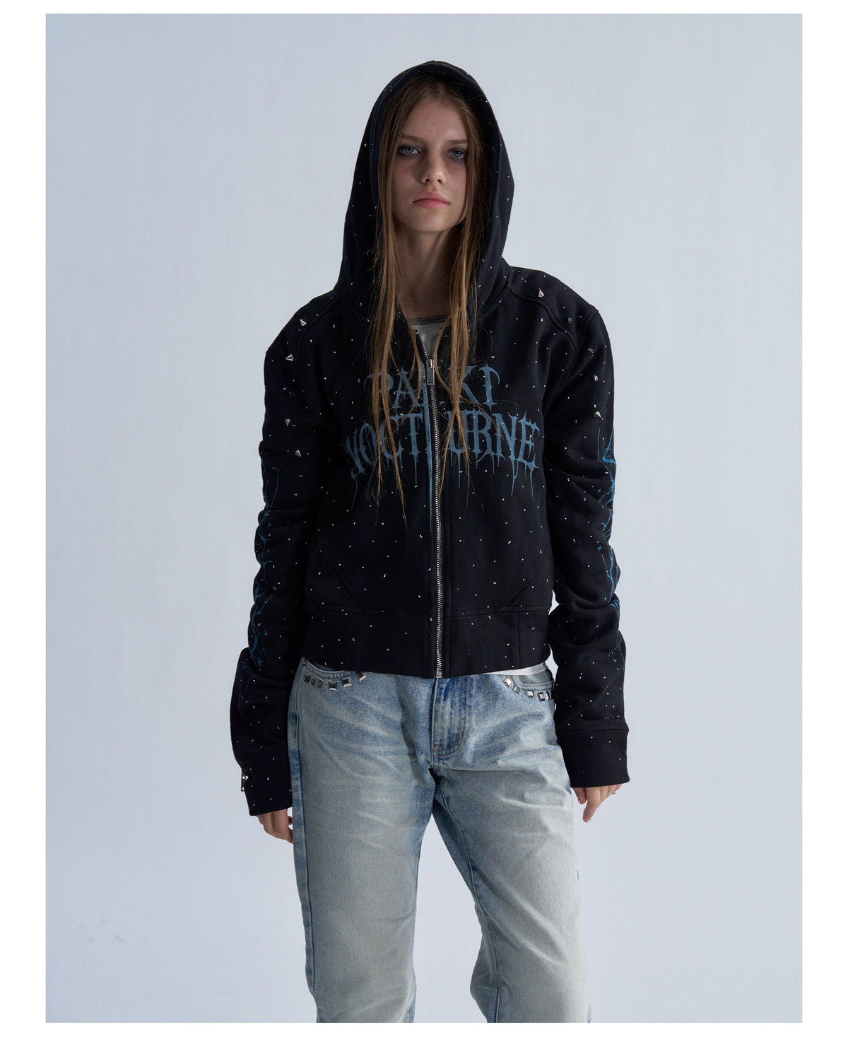 Rhinestone Graphic Cropped Zip Hoodie