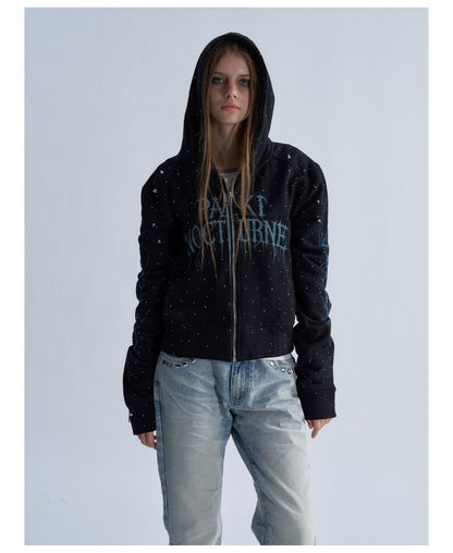 Rhinestone Graphic Cropped Zip Hoodie