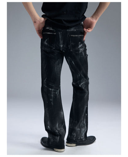 Multi Zip Eyelet Washed Black Flared Jeans