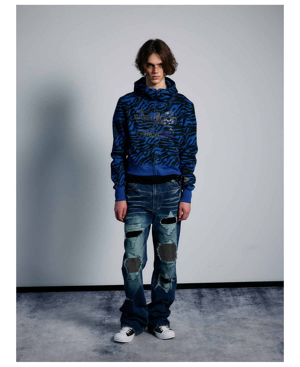 Blue Tiger Stripe Rhinestone Cropped Zip Hoodie