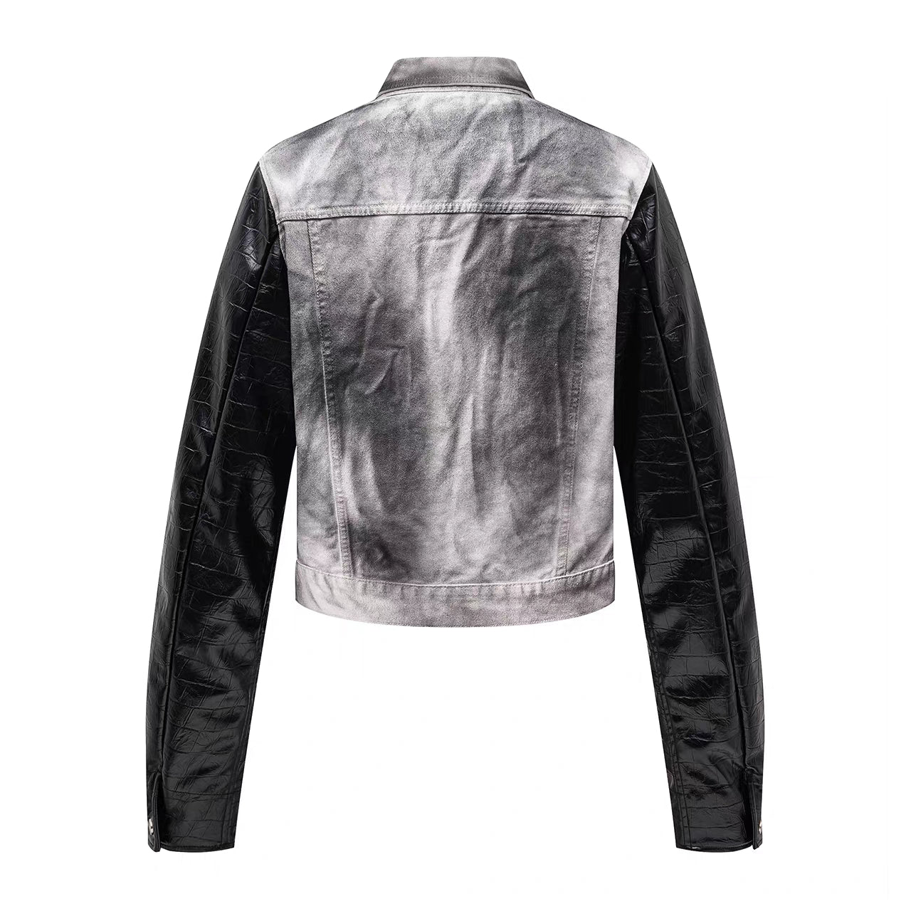 Washed Denim Contrast Faux Leather Sleeve Jacket
