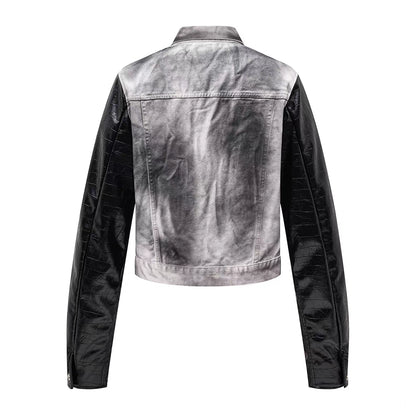 Washed Denim Contrast Faux Leather Sleeve Jacket