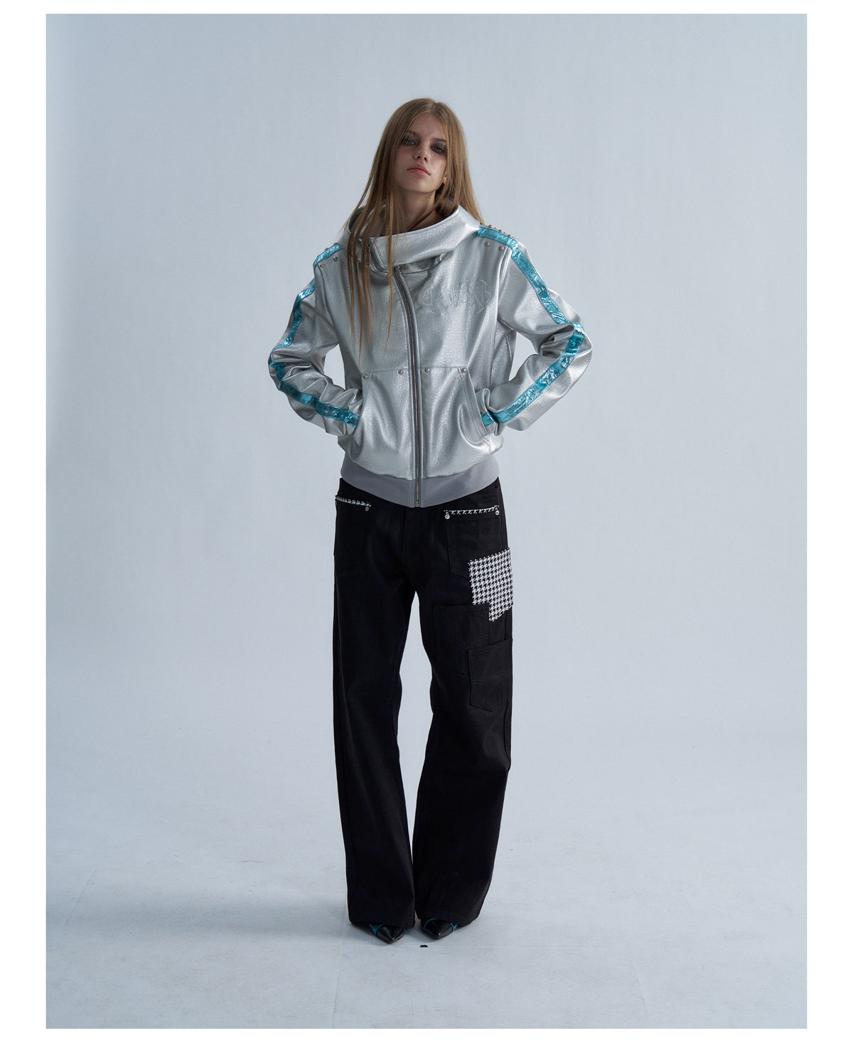 Embroidered Contrast Stripe Hooded Faux Leather Jacket