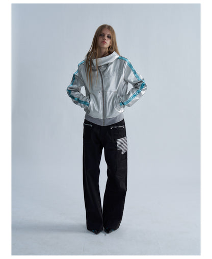 Embroidered Contrast Stripe Hooded Faux Leather Jacket