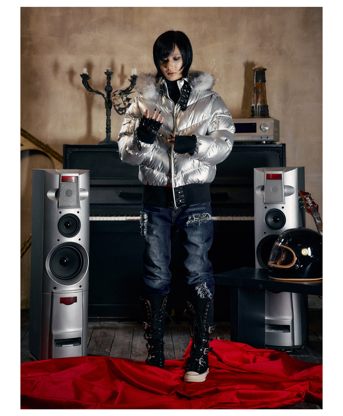 Glossy Fur Trim Hood Cropped Padded Jacket