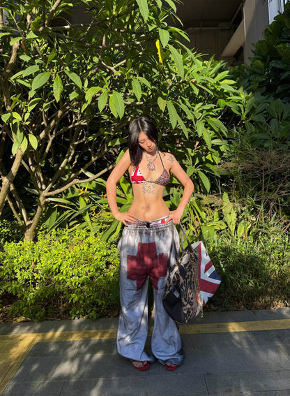 REBEL WAVE クロス刺繍 ダブルウエスト スウェットパンツ SELFISH