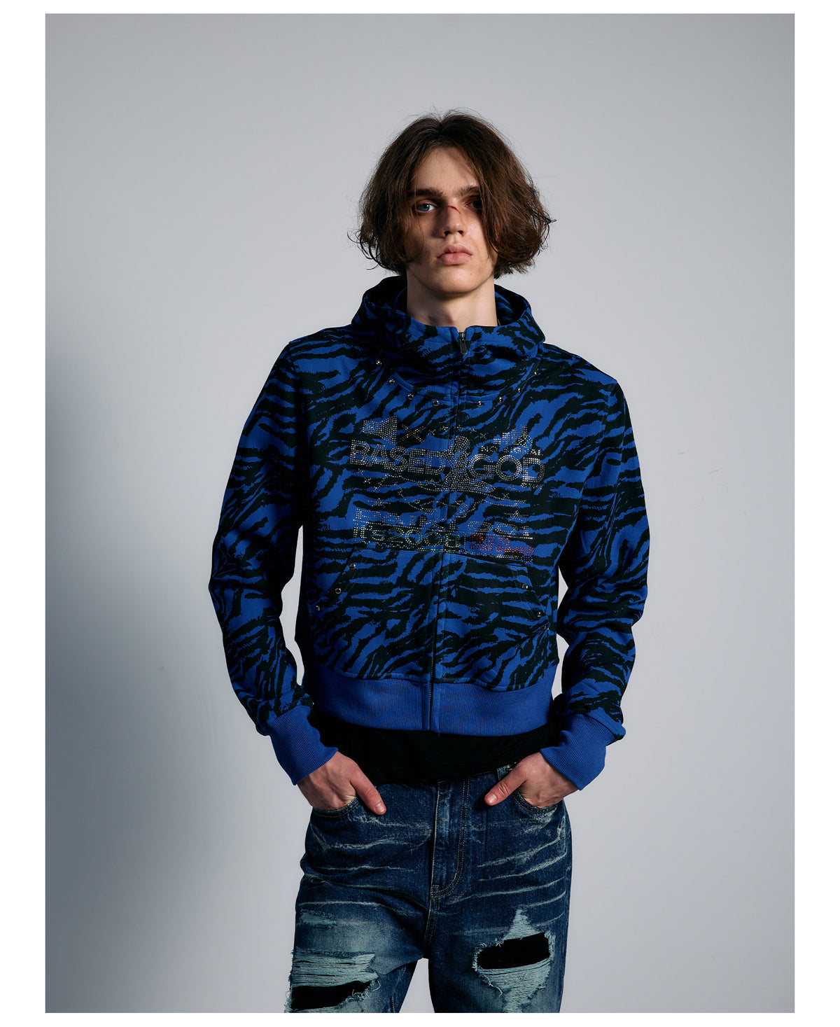 Blue Tiger Stripe Rhinestone Cropped Zip Hoodie
